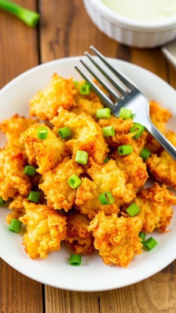 Crispy air fryer hash browns garnished with green onions on a white plate.